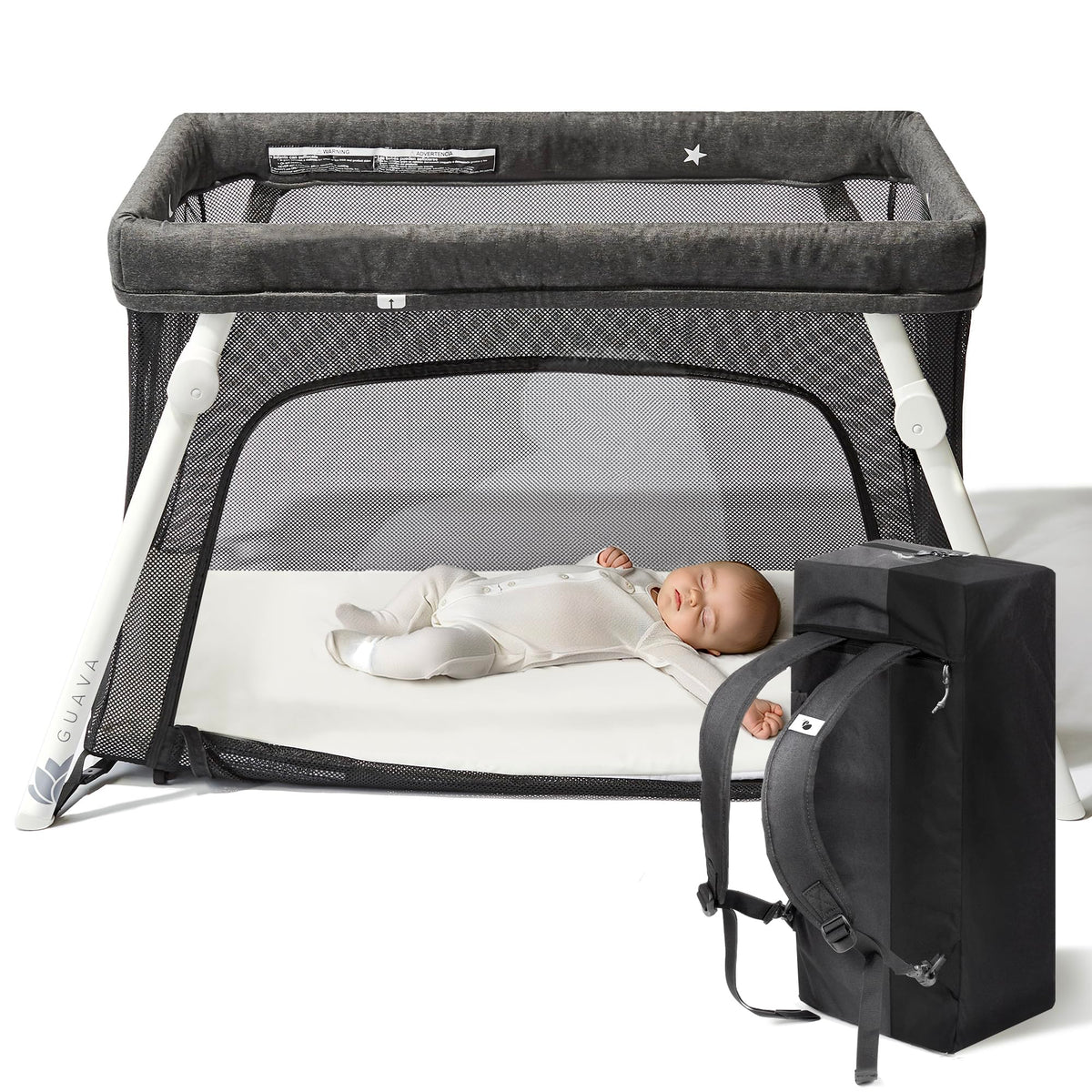 Guava Family travel crib with backpack fold for easy airport travel and quick setup