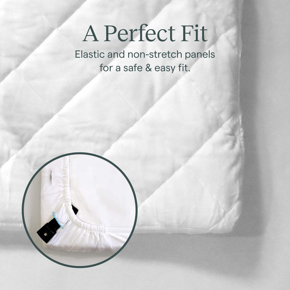 Guava Family travel crib sheet elastic-sections adapt to snug fit.