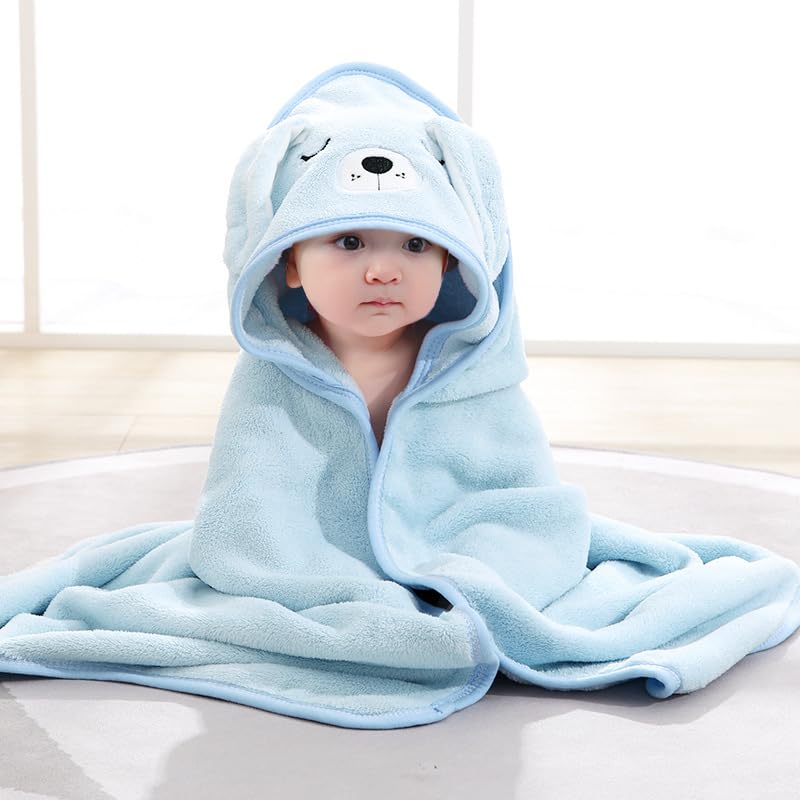 Gucilulu Hooded Baby Towel blue puppy front view for cozy post-bath snuggles