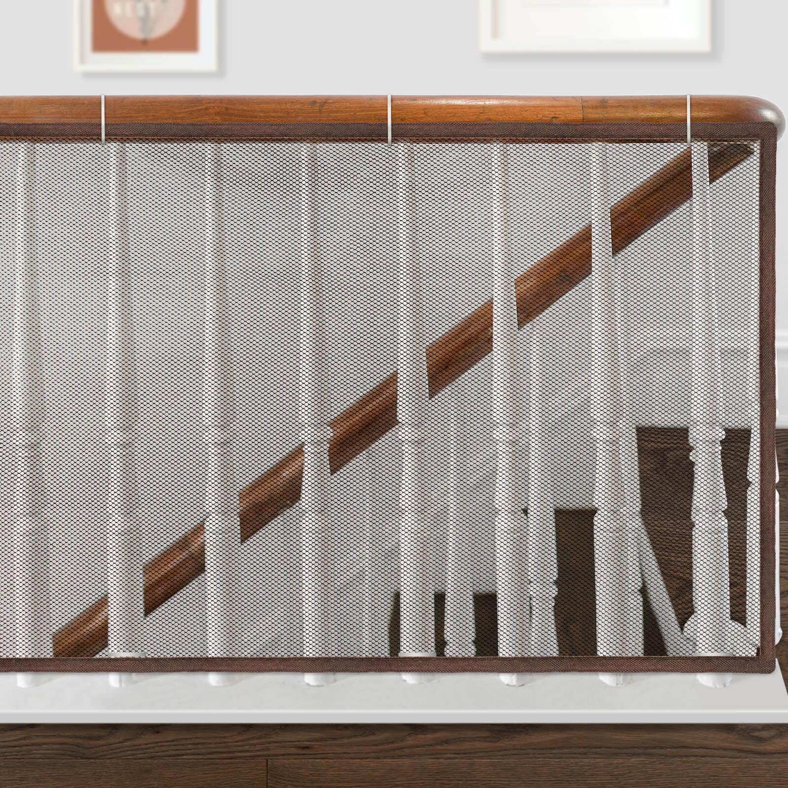 Gudui baby safety stair-railing net in brown, closeup of durable, breathable mesh for child protection.