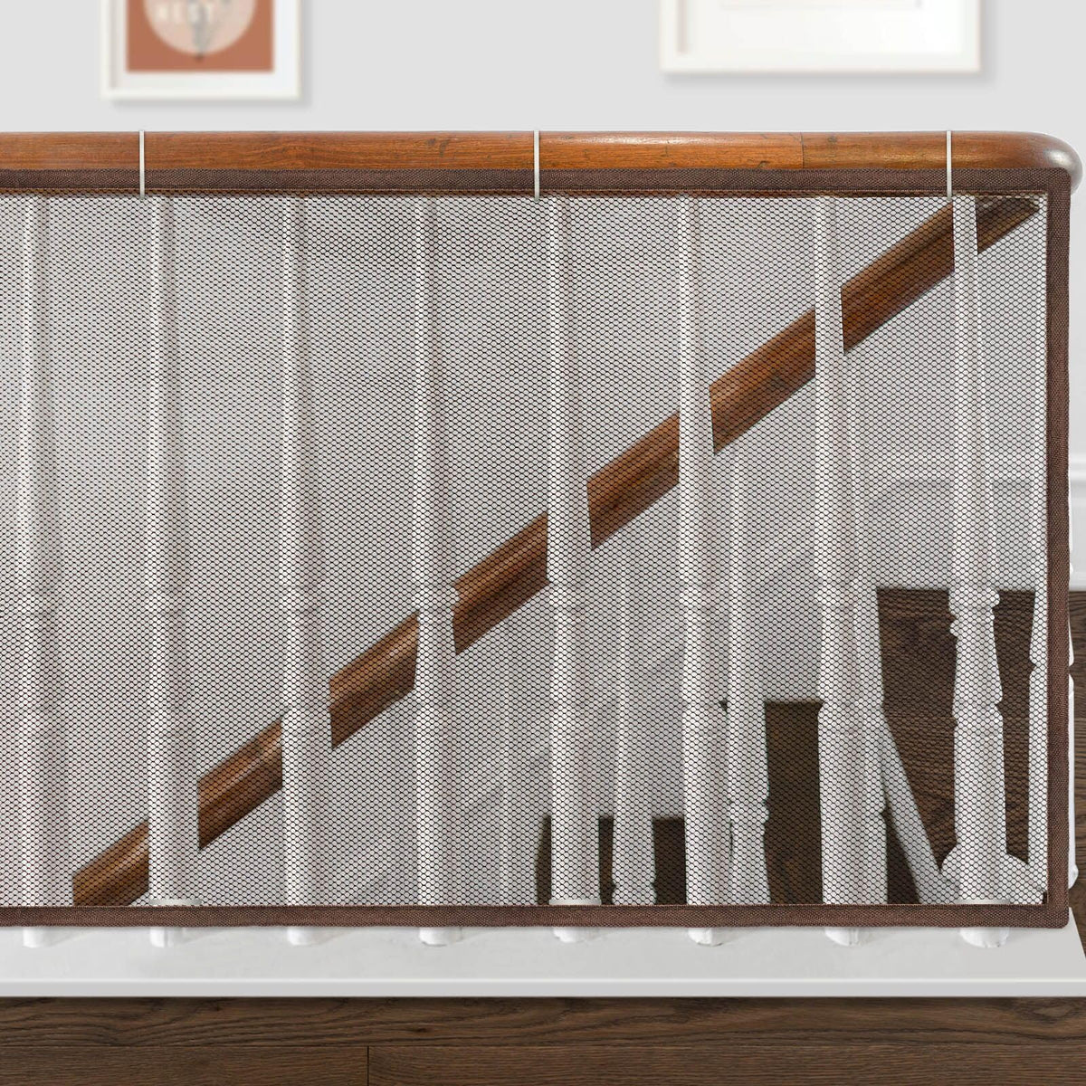 Gudui baby safety stair-railing net in brown, closeup of durable, breathable mesh for child protection.