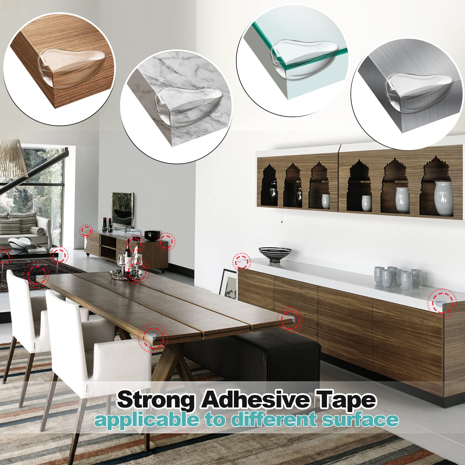 Gudui corner guards on a furniture edge demonstrate quick, tool-free installation for parents.