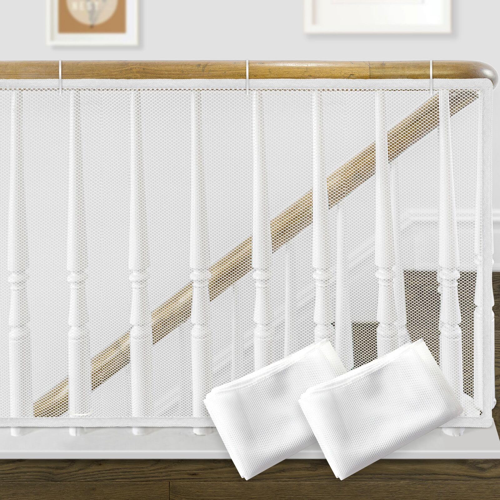 Gudui safety-net on a stair banister demonstrates easy installation for childproofing.