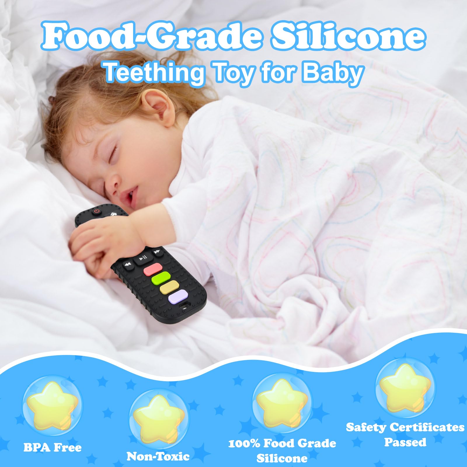GUIGUZHJ teether remote side view; easy grip for tiny hands.