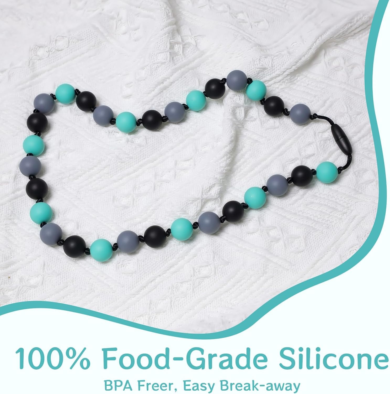 GUIGUZHJ silicone teething necklace closeup highlights durable, easy-to-clean material.