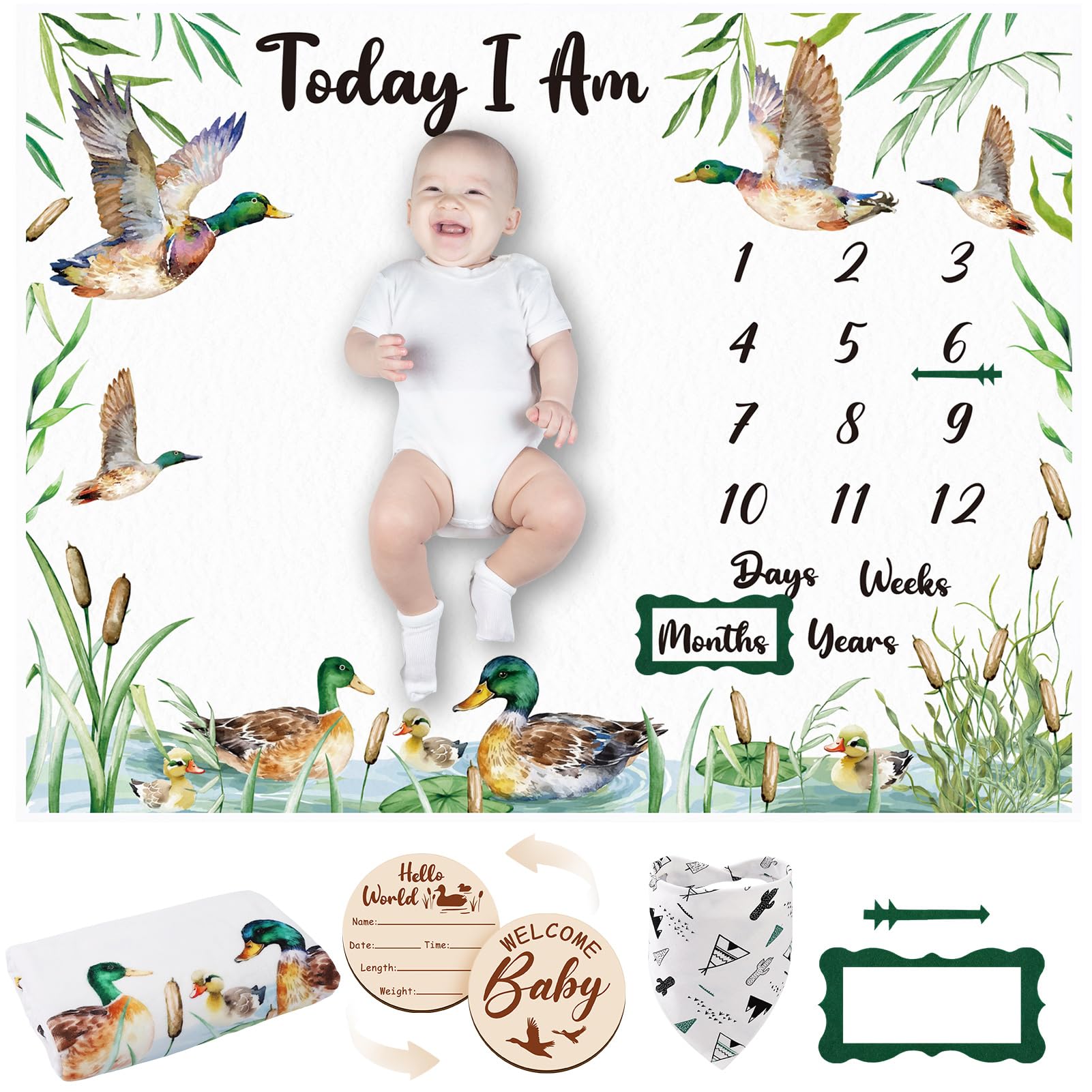 Guiqulai Mallard Duck milestone blanket close-up in soft flannel for gentle baby photos.
