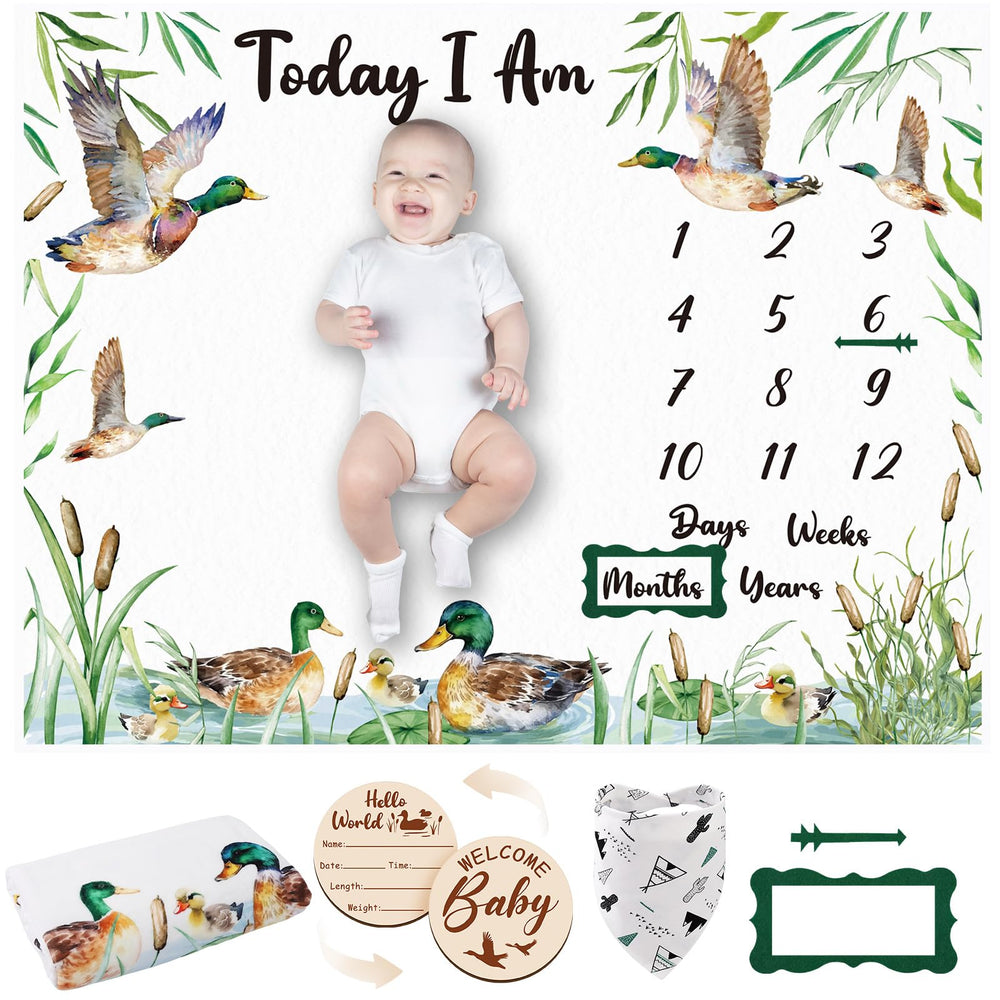 Guiqulai Mallard Duck milestone blanket close-up in soft flannel for gentle baby photos.