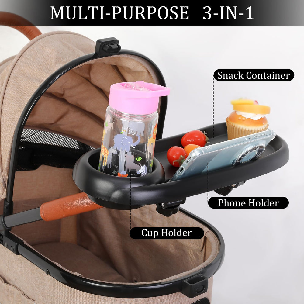 Guiqulai stroller snack tray with non-slip cup holders keeps drinks steady.