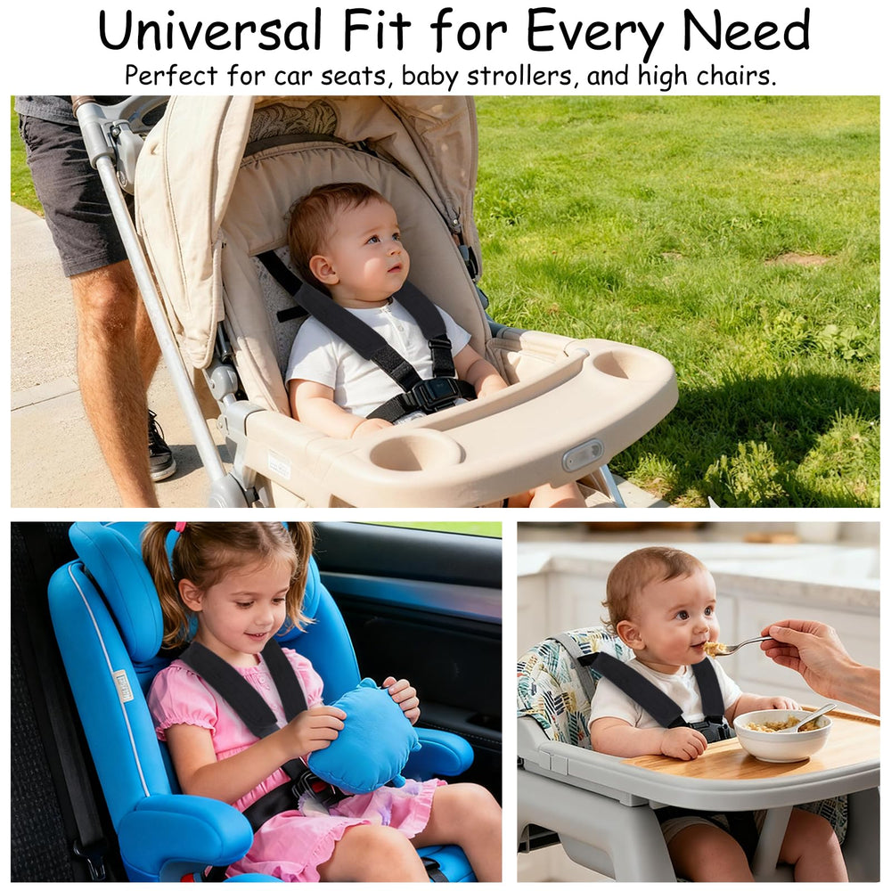 Guirnd strap pads on stroller and car seat in use, reducing neck pressure.
