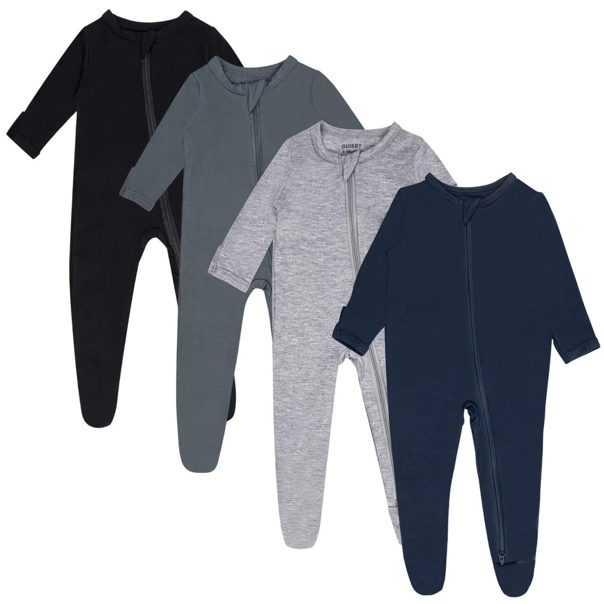 GUISBY 4-Pack baby sleepers front view showing cozy all-in-one design for night comfort.