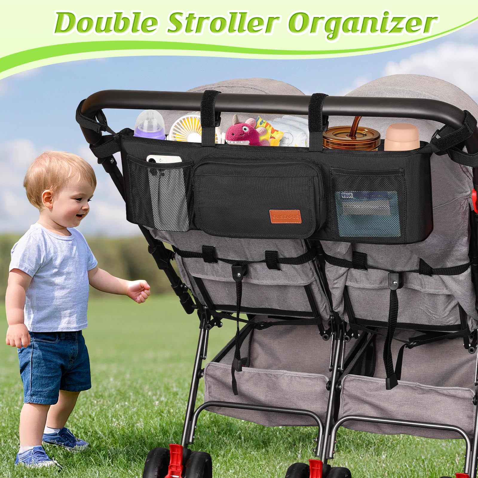 Guiseapue double-stroller organizer easy-clean liner closeup features leak-proof surface