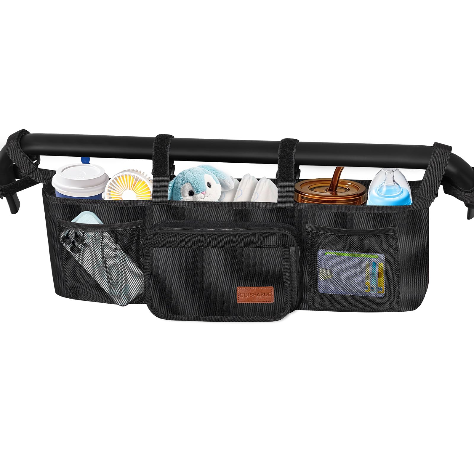 Guiseapue double stroller organizer front view showing easy-access storage for snacks and cups