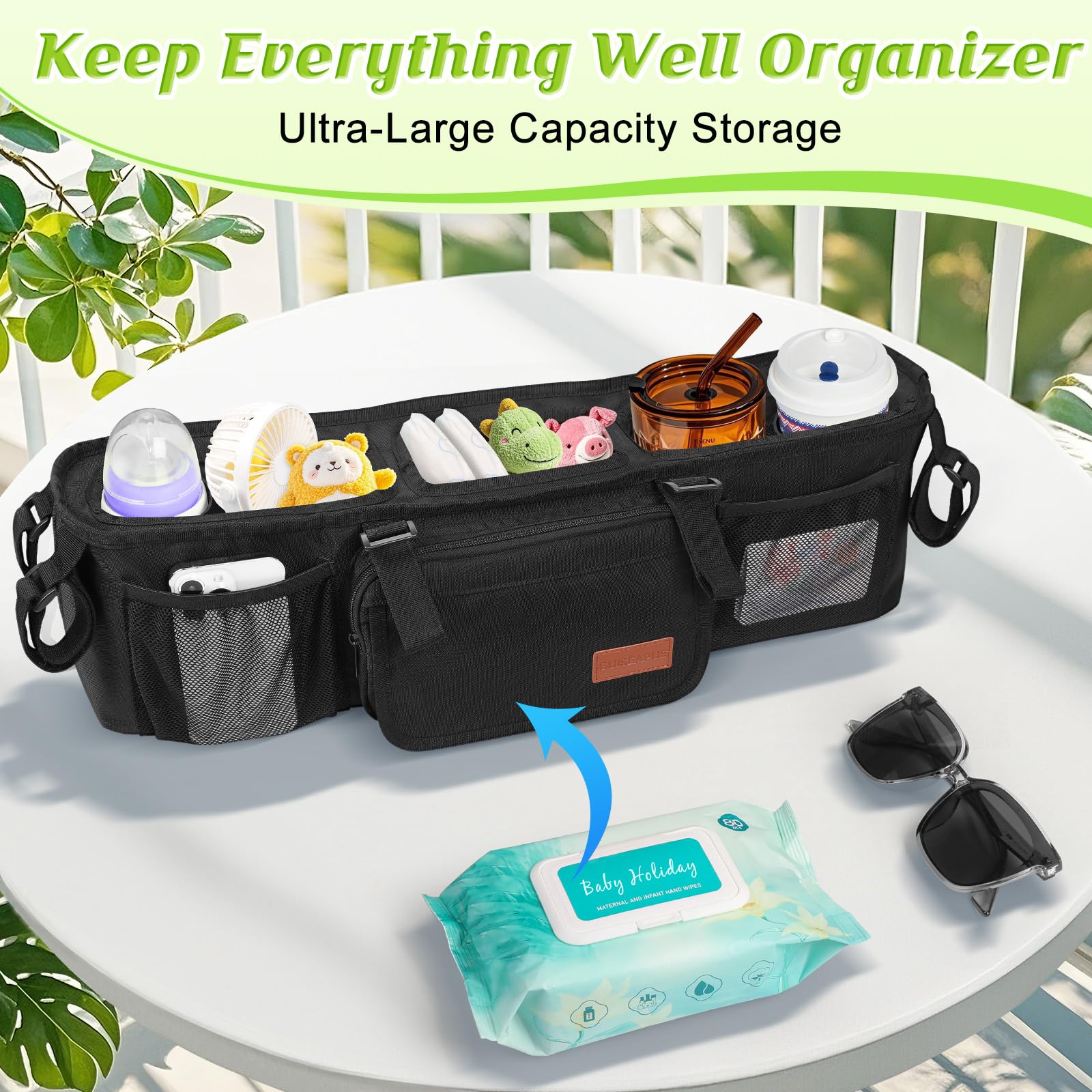 Guiseapue double-stroller organizer interior layout emphasizes six pockets for quick access