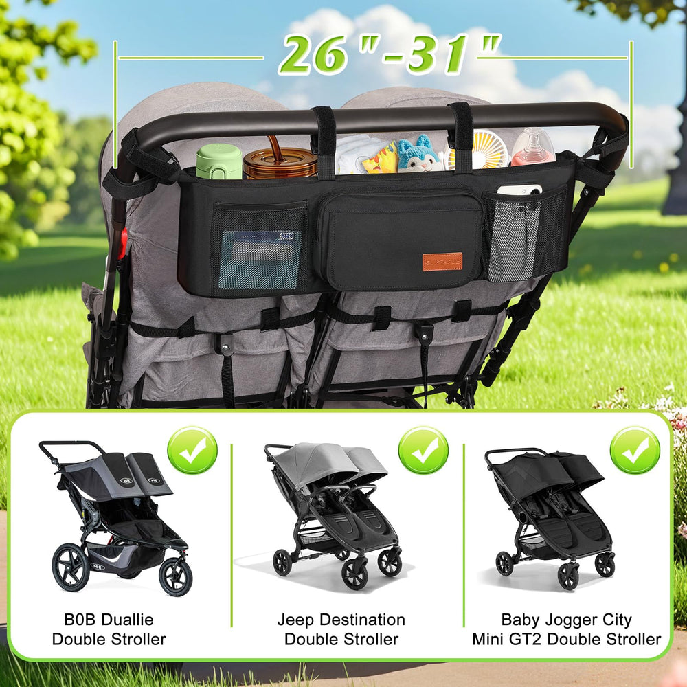 Guiseapue double stroller organizer side view highlighting secure six-strap stability