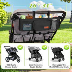 Guiseapue double stroller organizer side view highlighting secure six-strap stability