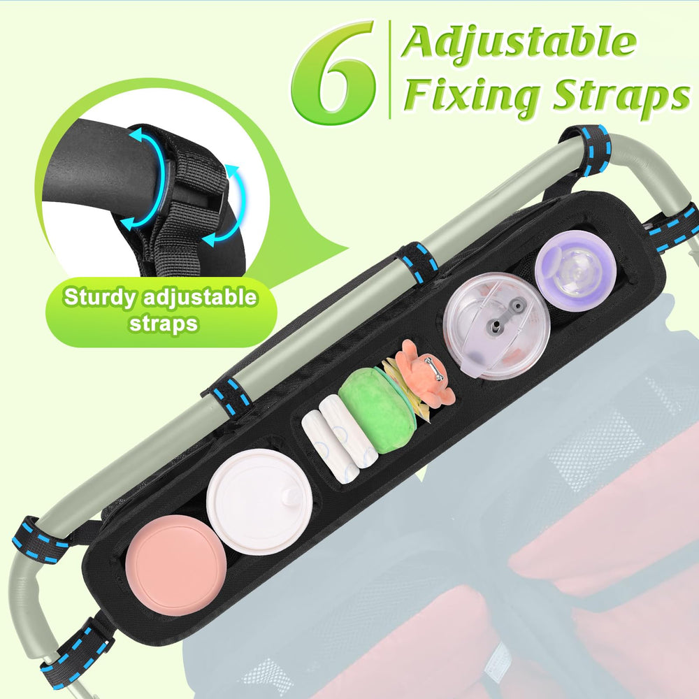 Guiseapue double-stroller organizer stability shot highlights anti-shake straps