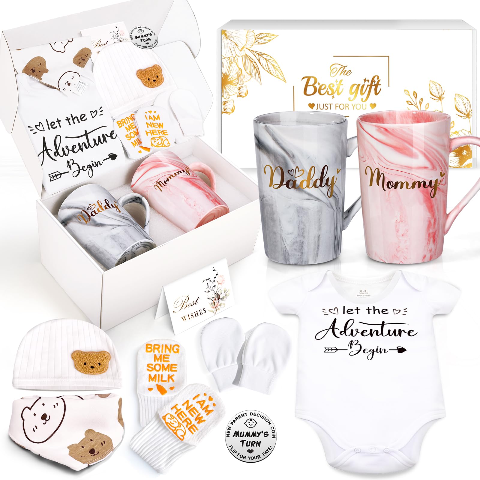 Guiseapue gender reveal gift box with baby essentials for expecting parents.
