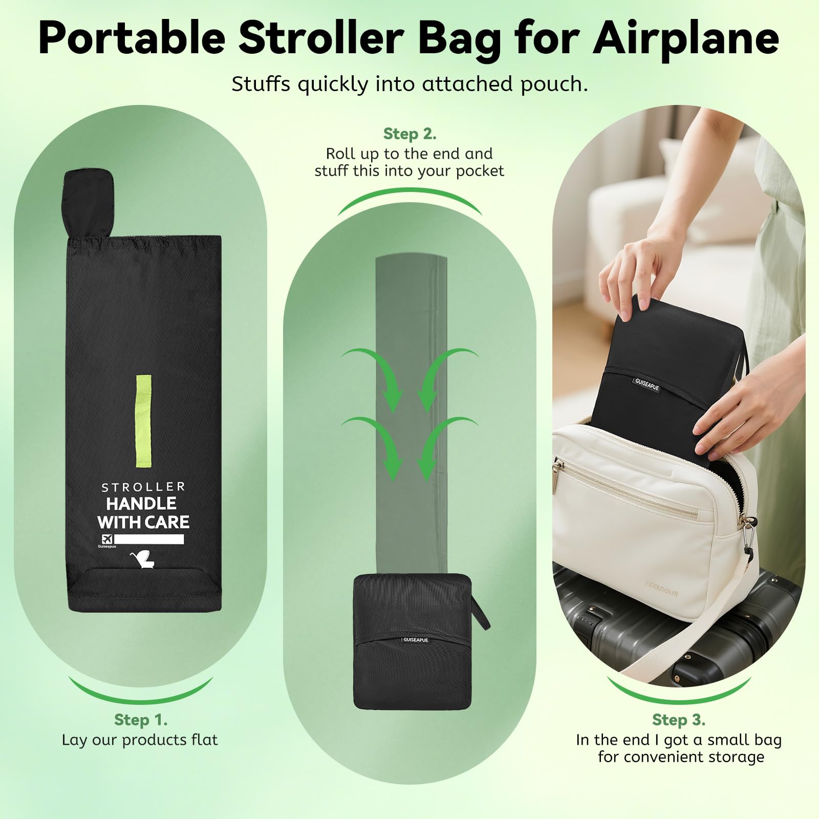 Guiseapue umbrella stroller bag dimensions indicate spacious gate-check and extra storage