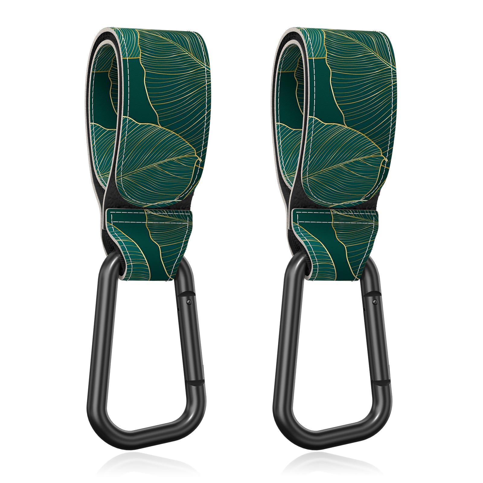 Gukeniu stroller hook close-up showing the green-leaf strap for hands-free bag handling.