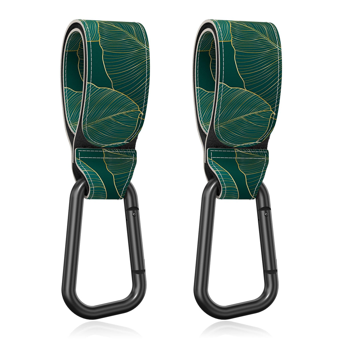 Gukeniu stroller hook close-up showing the green-leaf strap for hands-free bag handling.