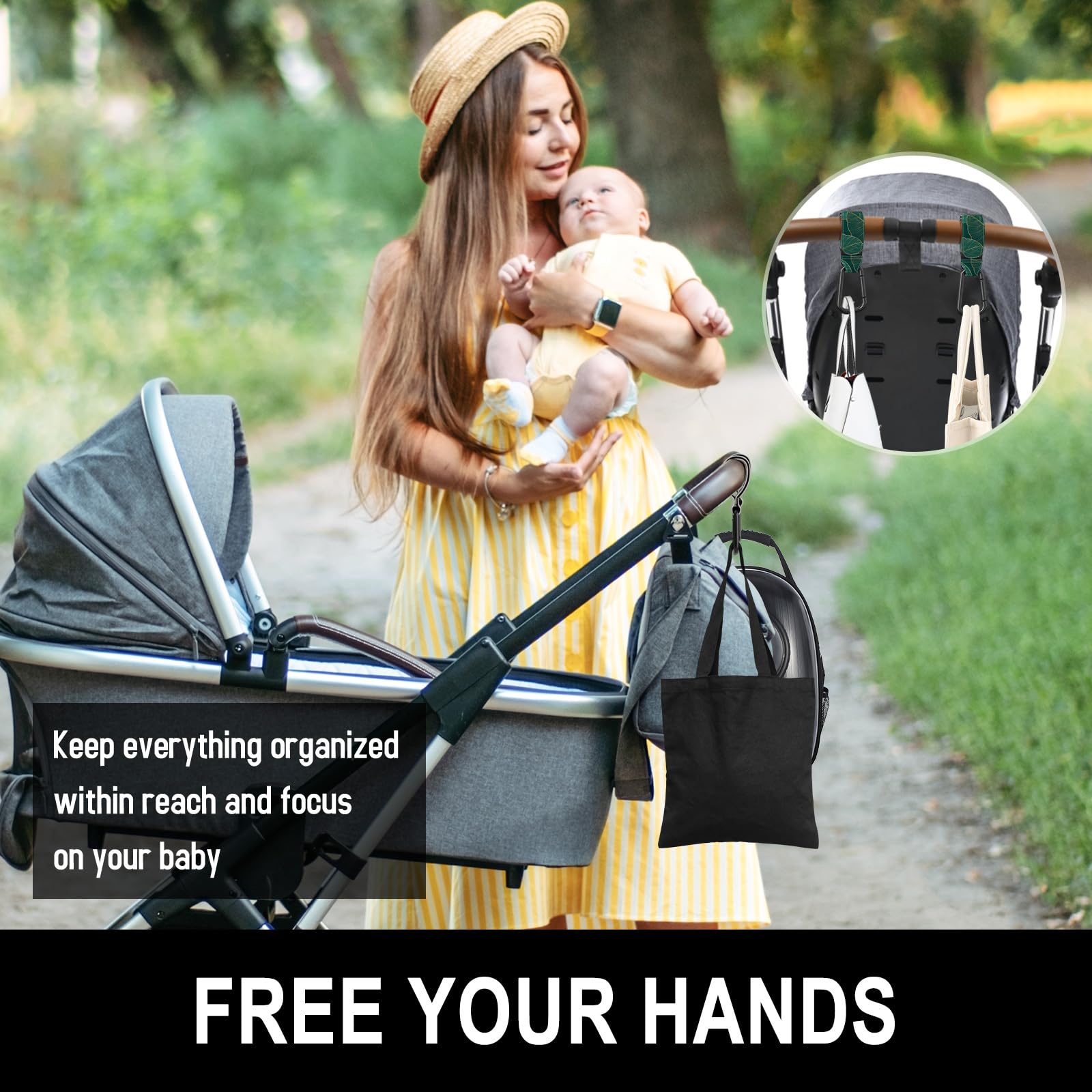 Gukeniu universal clip attached to a stroller handle, demonstrating adjustable fit and secure grip.