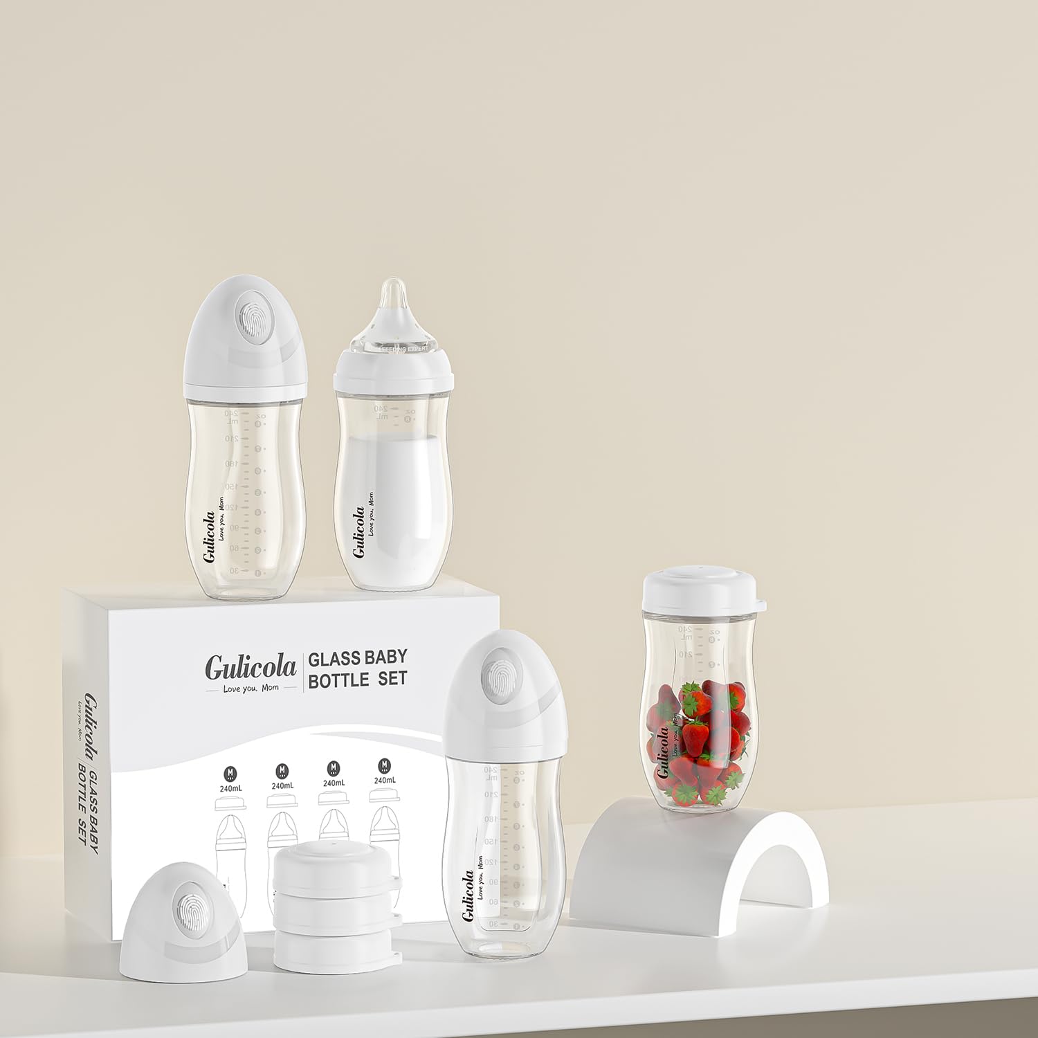 Gulicola four-pack glass breastmilk storage bottles for safe storage and simple cleaning.
