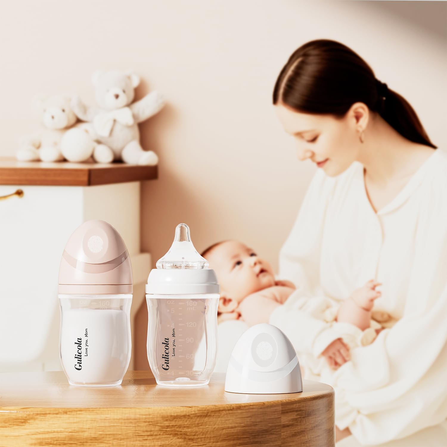 Gulicola pink bottle with medium-flow nipple supports natural latch.