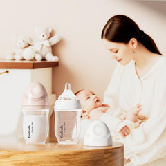 Gulicola pink bottle with medium-flow nipple supports natural latch.