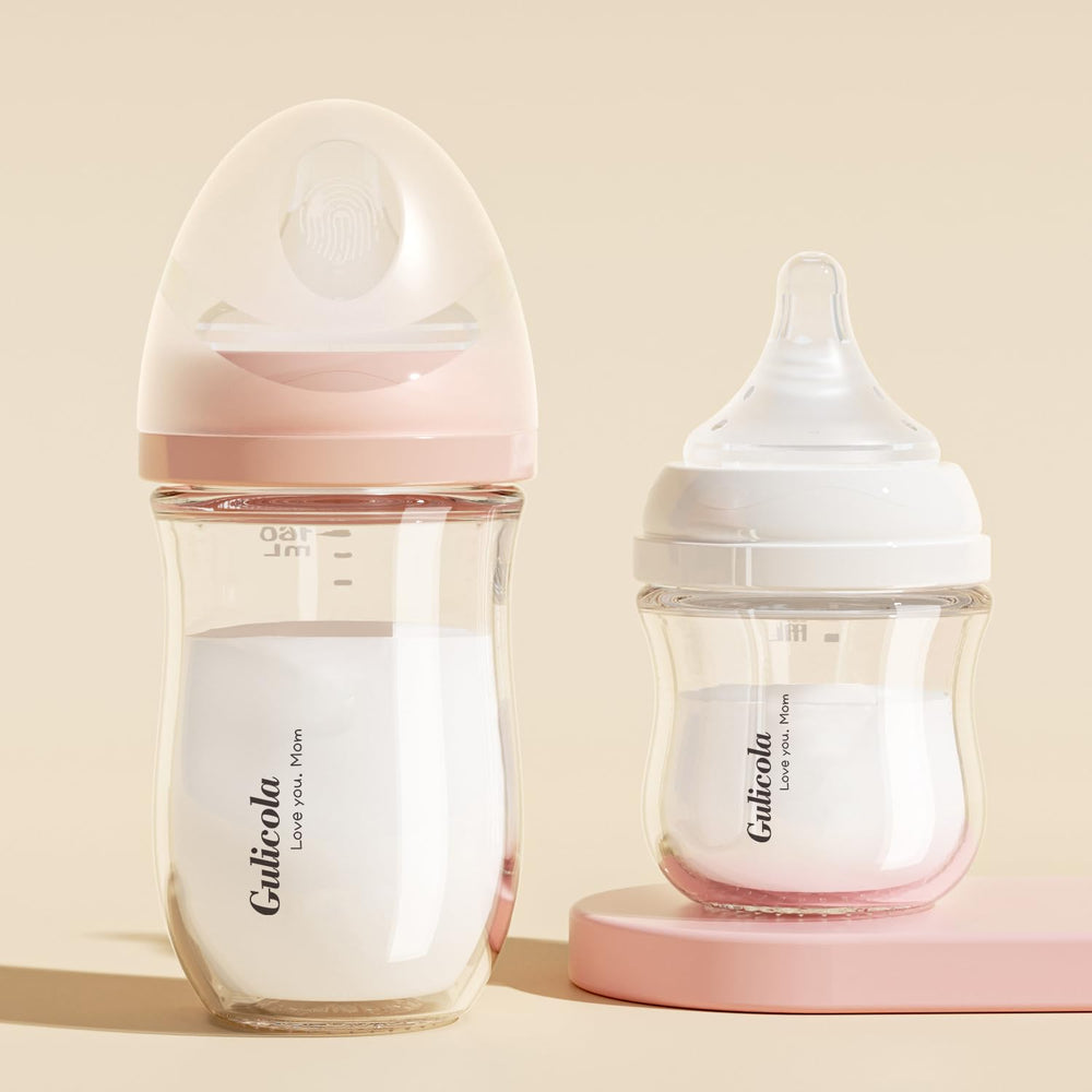Gulicola Natural Flow baby feeding in use, demonstrating breast-to-bottle transition.