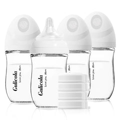 Gulicola natural glass baby bottle 4pack setup showing four bottles and caps for convenient feeding.