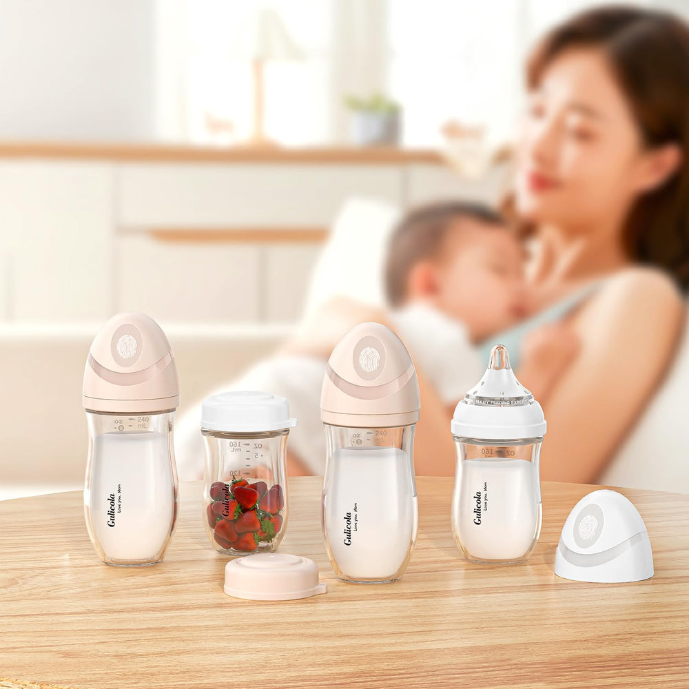 Gulicola natural glass baby bottle 8oz side view cushions smooth latch transition