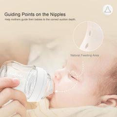 Gulicola slow-flow nipples on glass bottles support steady feeding for newborns.