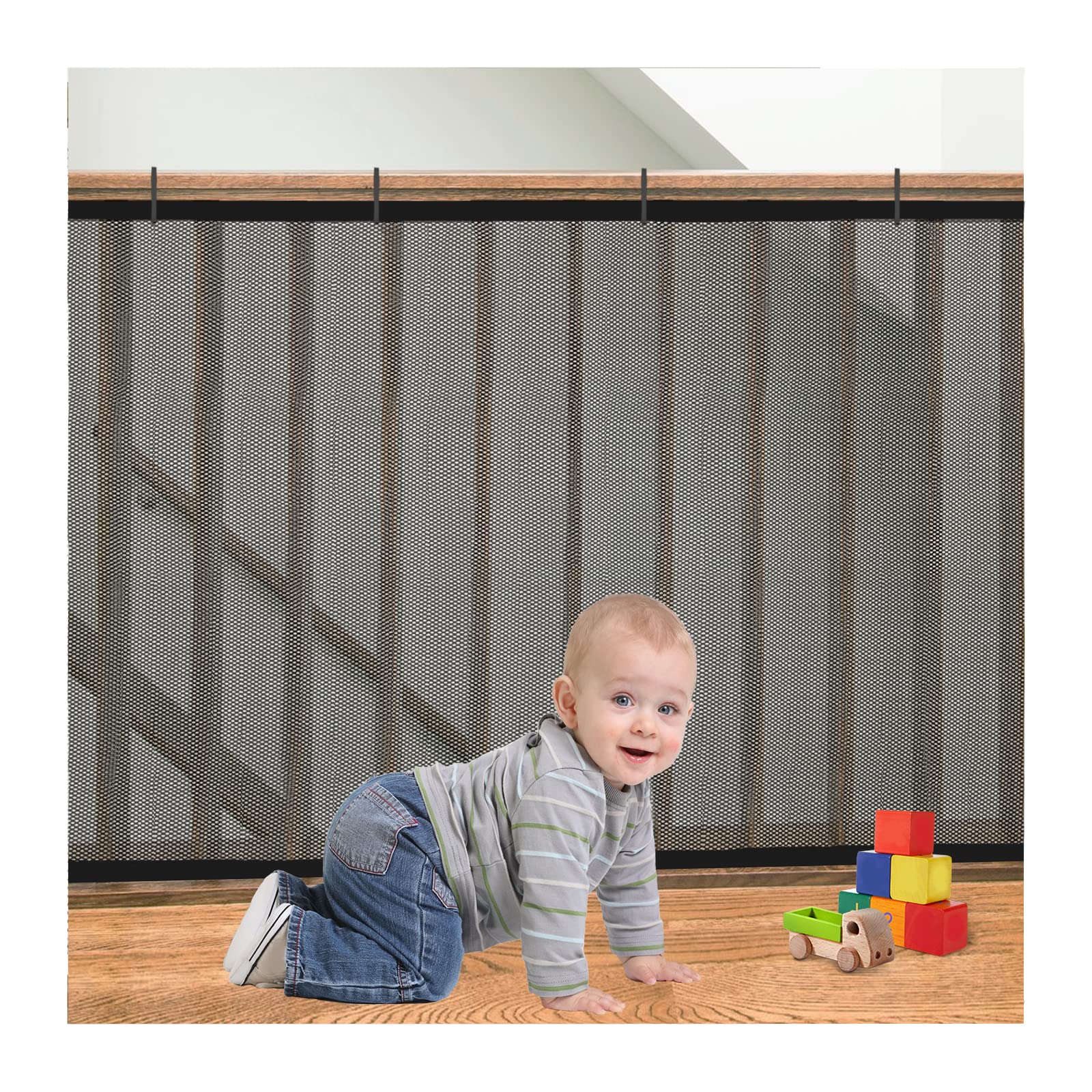Gulissa banister guard baby net setup demonstrates quick stair safety for families.