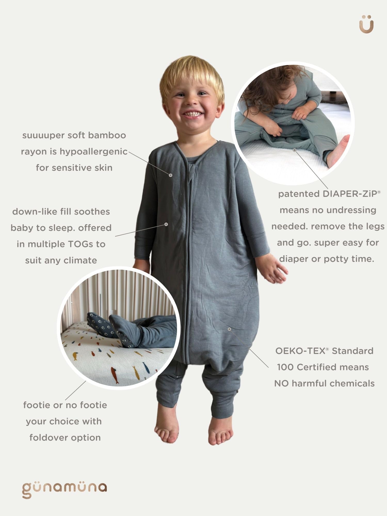 GUNAMUNA Footie Sleep Bag with convertible foot cuffs for growing legs