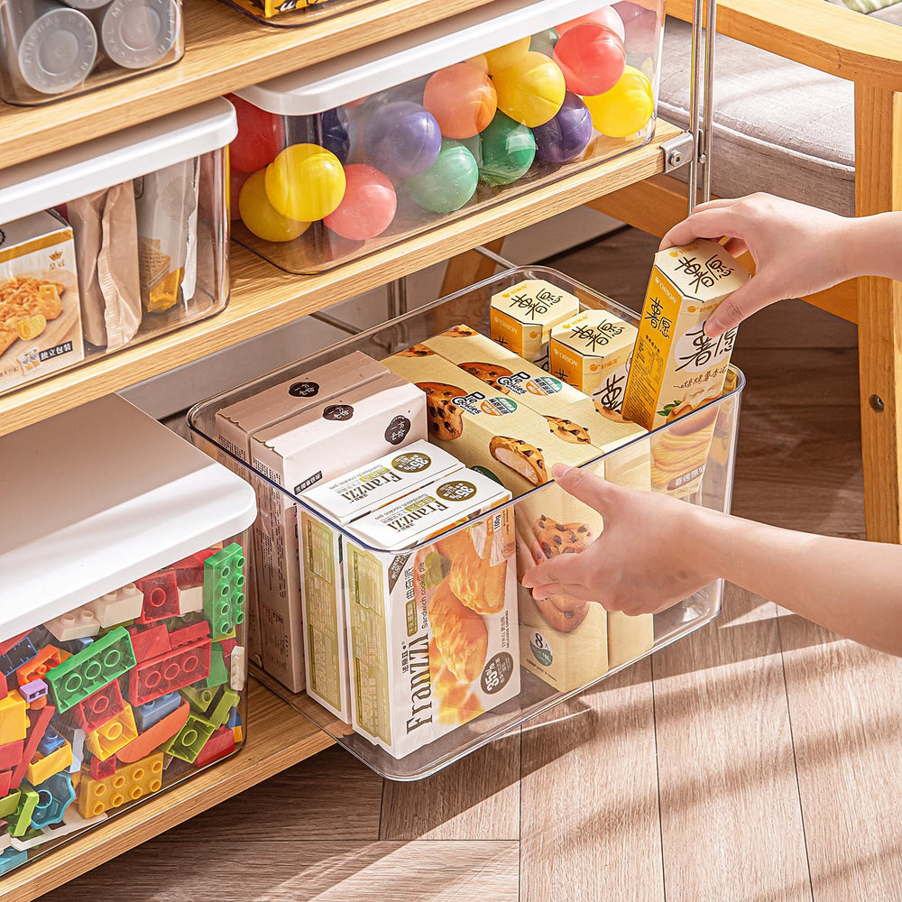 GUMEIGODA stackable transparent bin with lid for easy, dust-free storage and visibility.