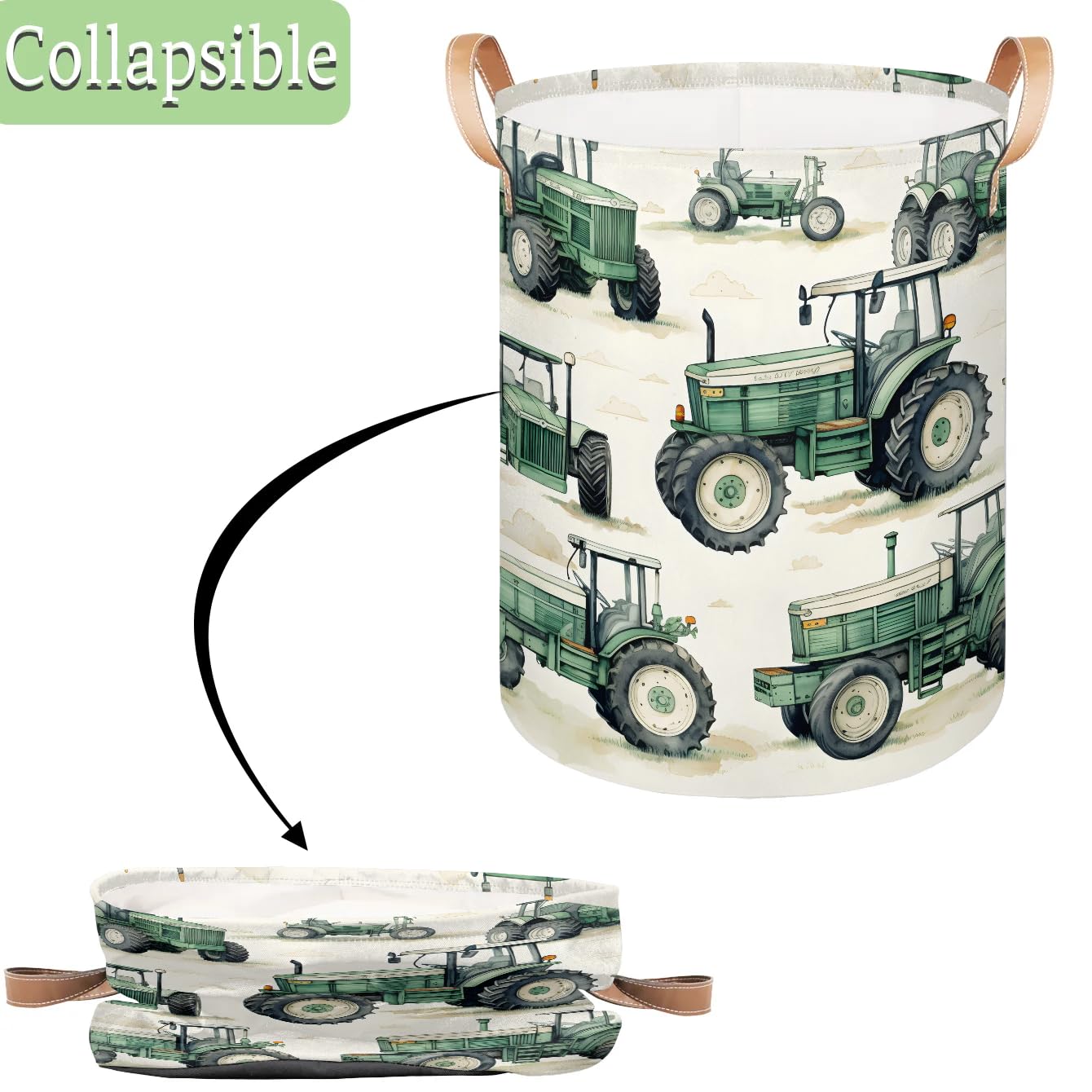 Gumuslen collapsible storage bin with leather handles for easy lifting.