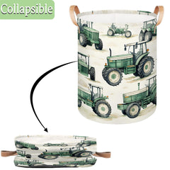 Gumuslen collapsible storage bin with leather handles for easy lifting.