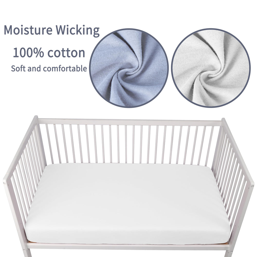 GUNTAIL crib sheets 100-percent cotton texture emphasizes breathable, skin-friendly fabric.
