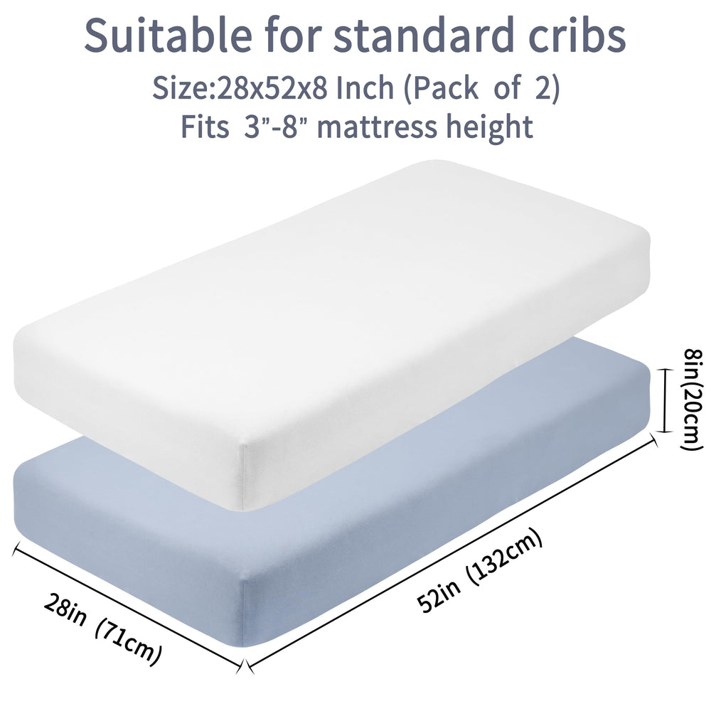 GUNTAIL crib sheets white-gray colorway complements nursery decor with cozy practicality.