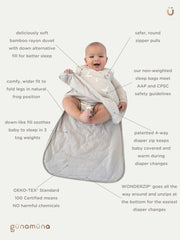 GUNAMUNA sleep sack highlights natural hip-positioning for comfortable kicking.
