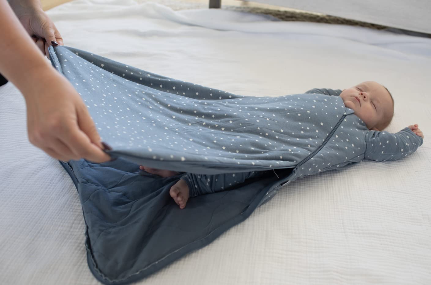 GUNAMUNA sleep-sack side-view shows roomy fit and natural froggy position