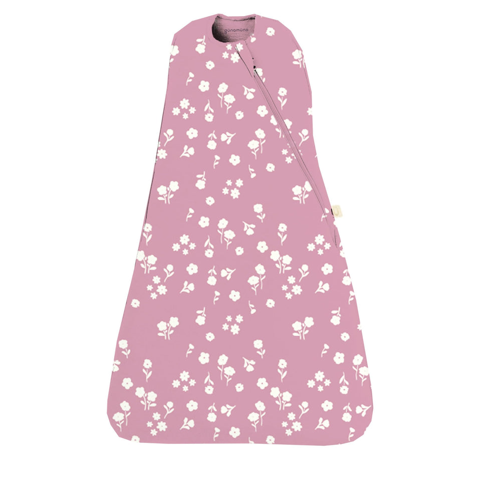 GUNAMUNA Swaddle Sleep Sack mini floral close-up showcases cozy fabric for gentle nights.