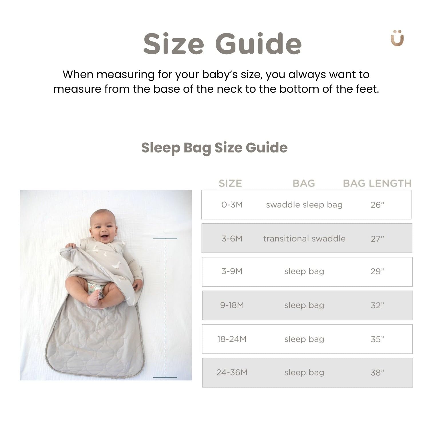 GUNAMUNA Swaddle Sleep Sack Woof worn by sleeping baby illustrating grow-with-me design