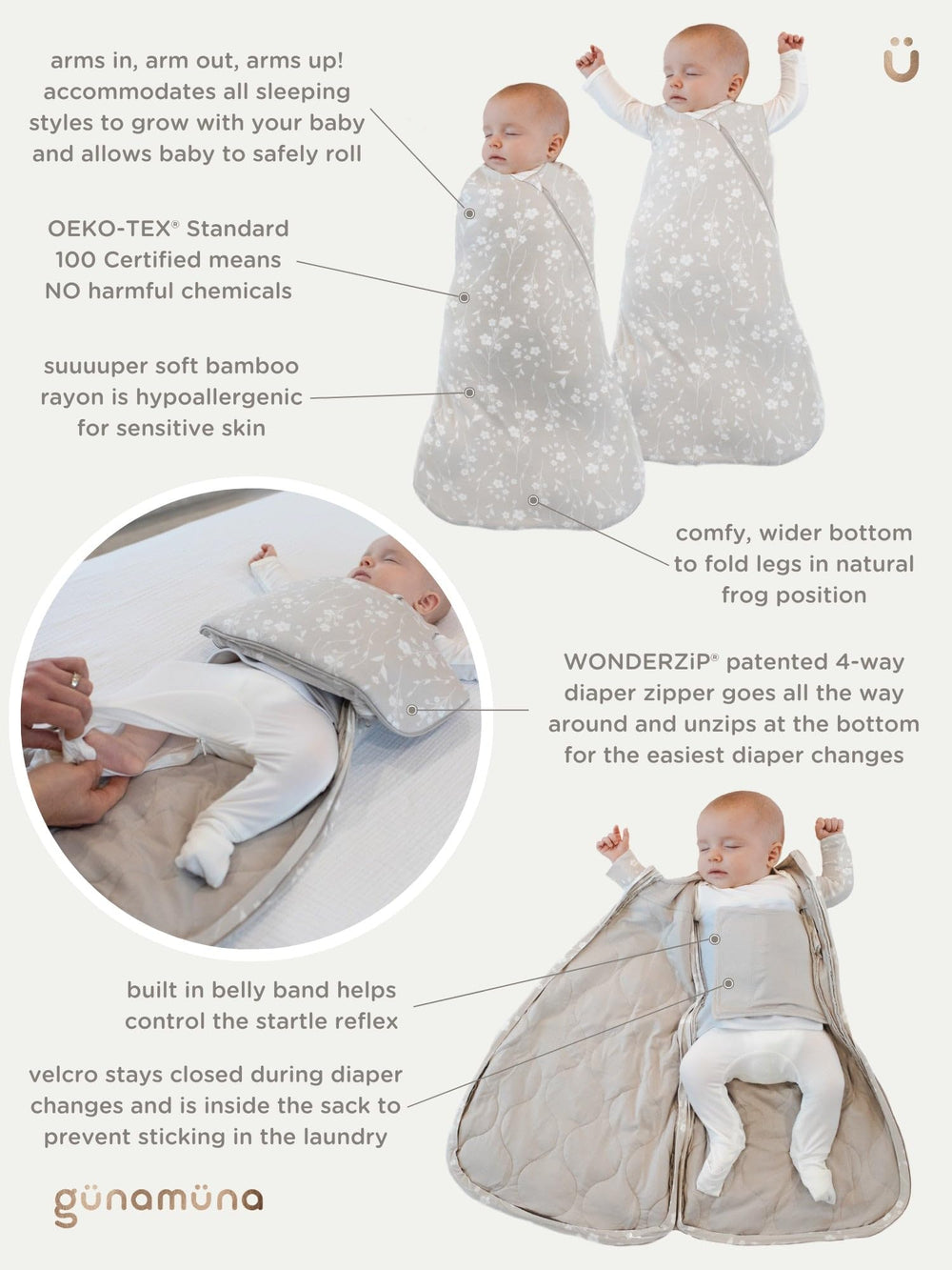 GUNAMUNA Swaddle Sleep Sack Woof zipper demonstration for easy diaper changes without full unwrap