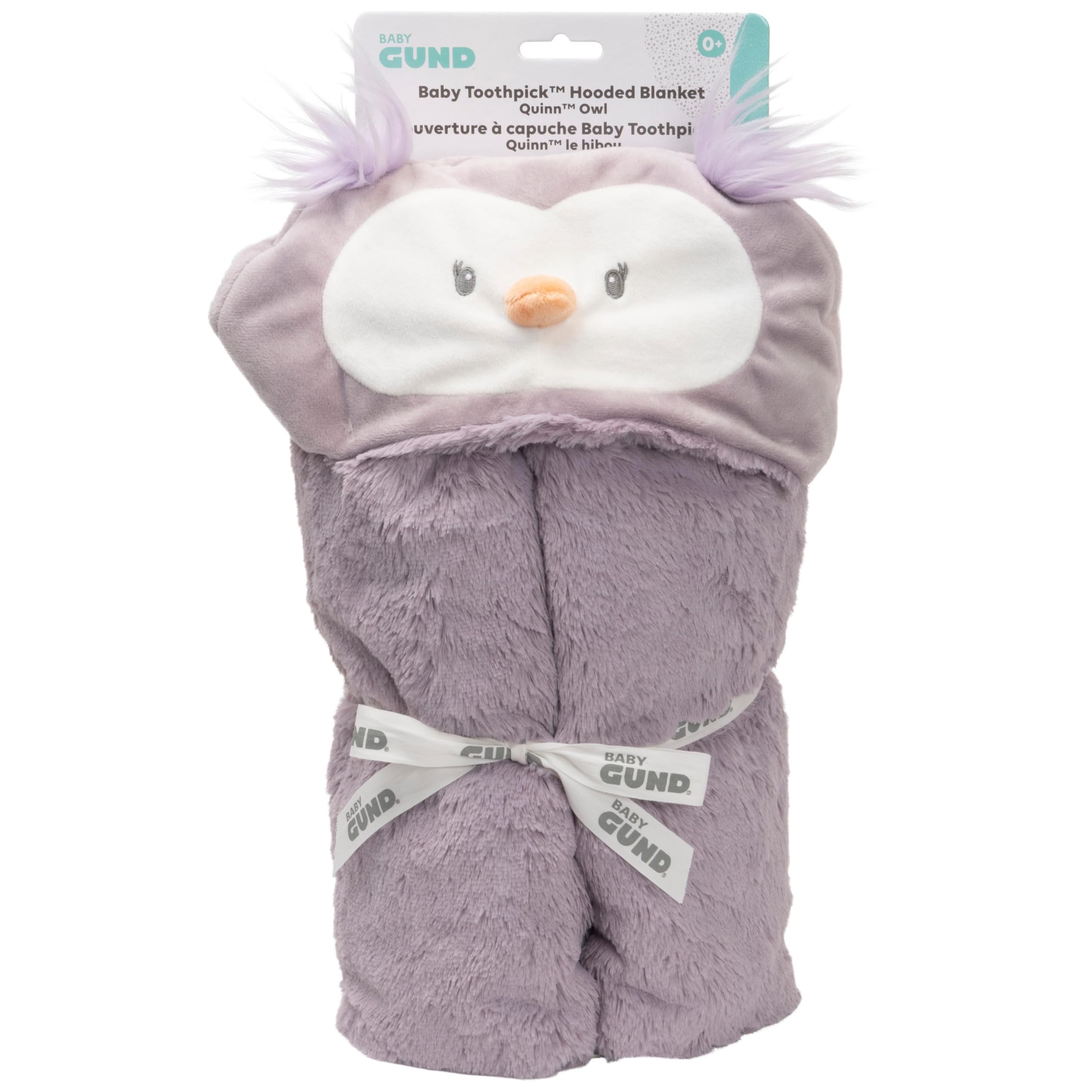 The GUND Lil’ Luvs Quinn Owl hooded blanket closeup shows embroidered details for soothing baby cuddles.