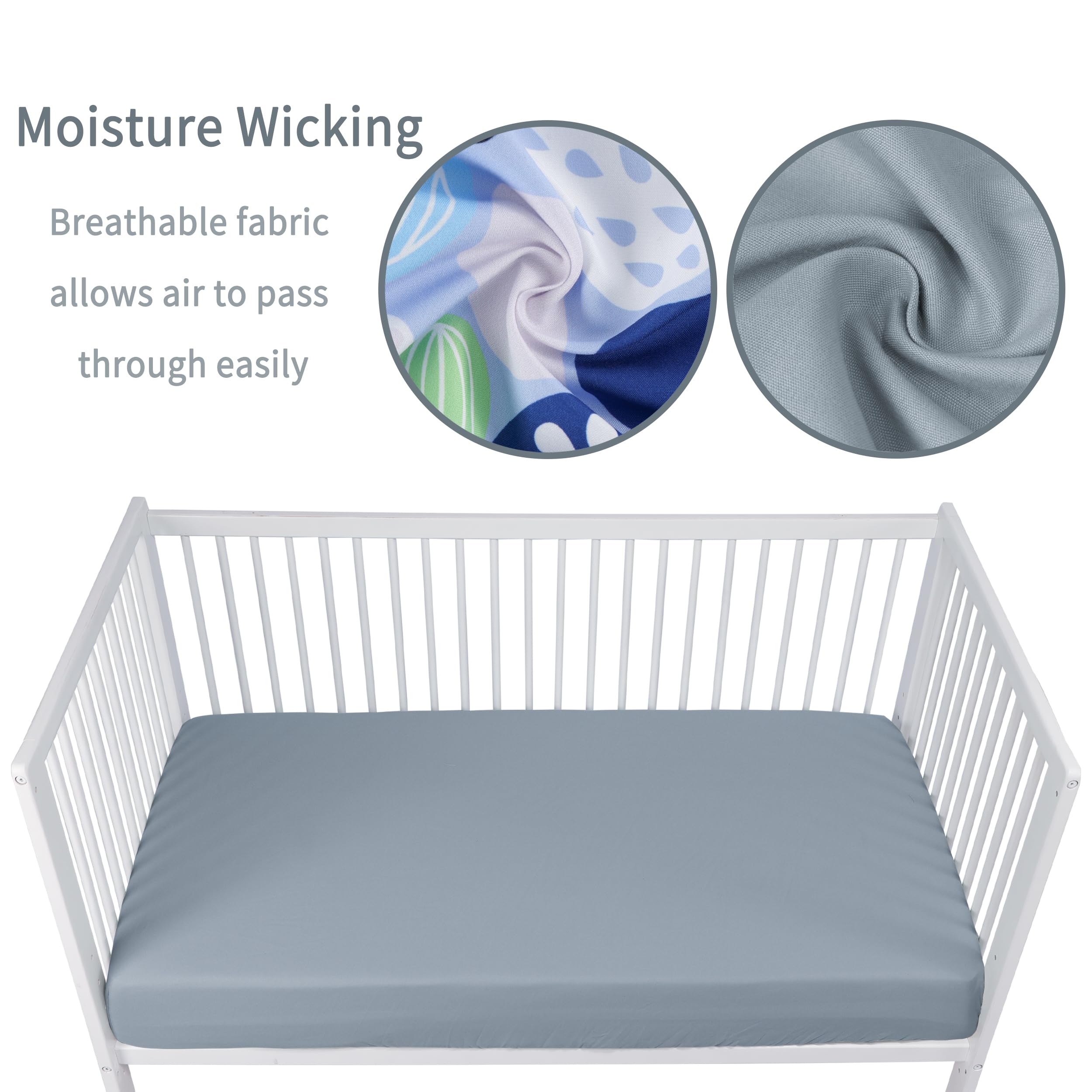 GUNTAIL crib sheets dark gray colorway closeup highlights durable, machine-washable microfiber