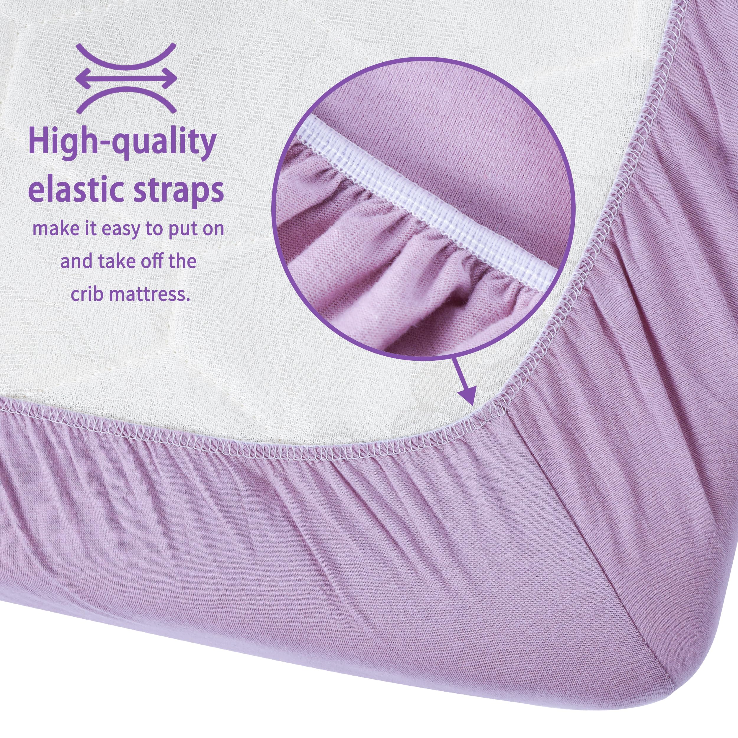 GUNTAIL purple and pink crib sheets brighten nursery ambiance.