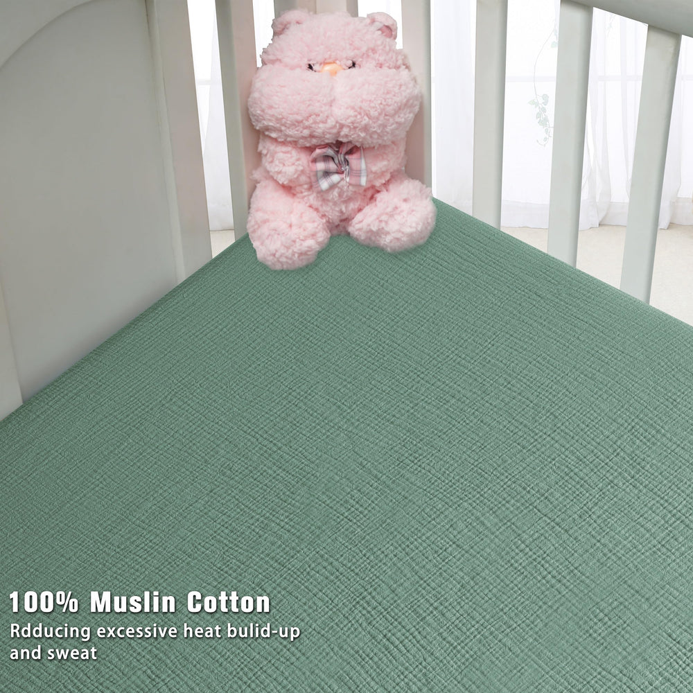 Two-pack GUNTAIL muslin sheets ready for quick changes during night routines