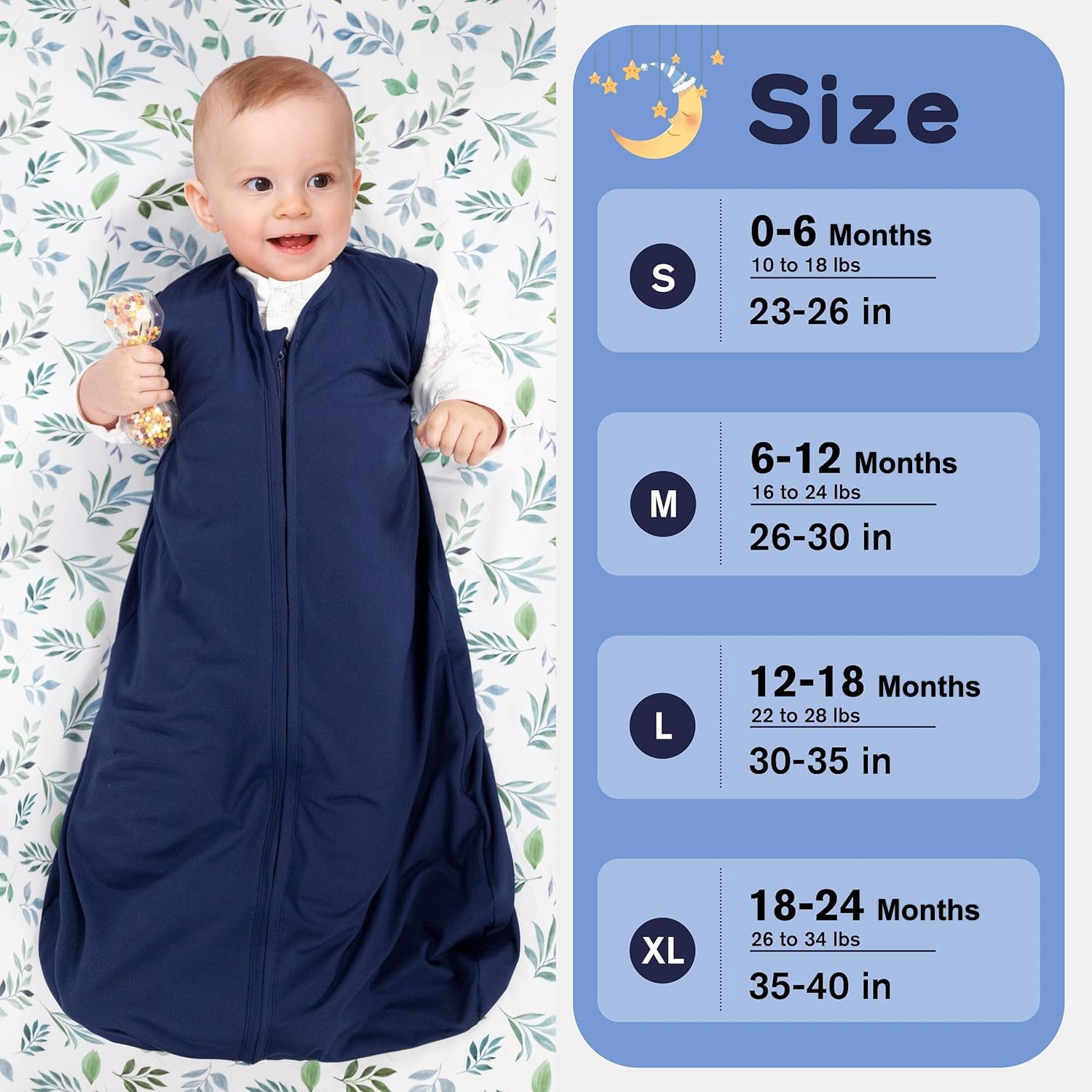GUNTAIL sleep sack size range supports babies from 0-6M to 18-24M.
