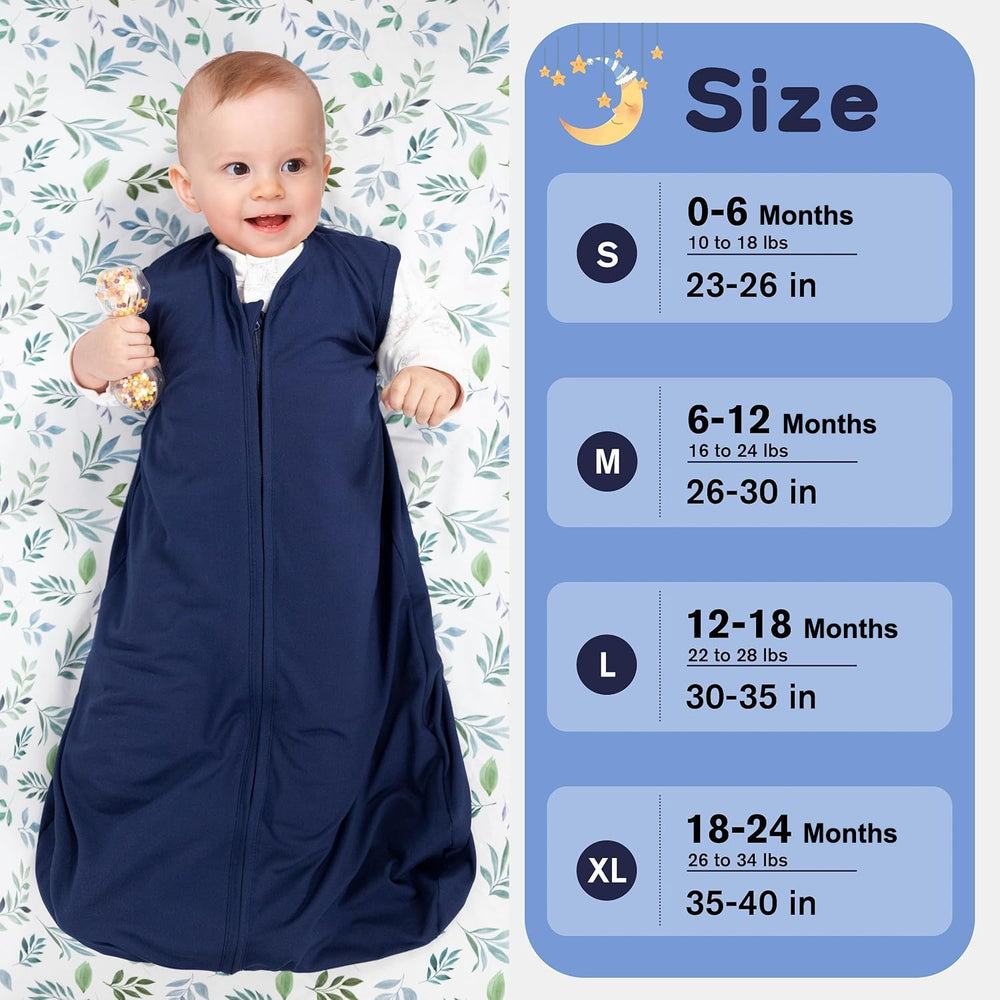 GUNTAIL sleep sack size range supports babies from 0-6M to 18-24M.
